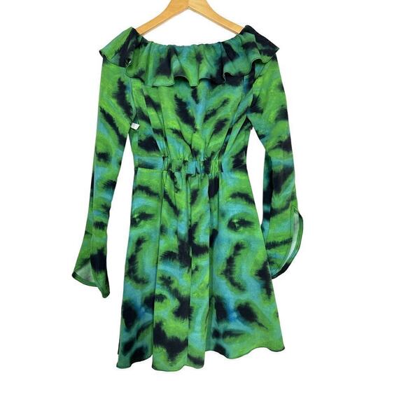 Topshop Tea Dress Animal Print Long Sleeve Ruffle V-Neck A-Line Mini Green NWT 2 - Picture 5 of 8